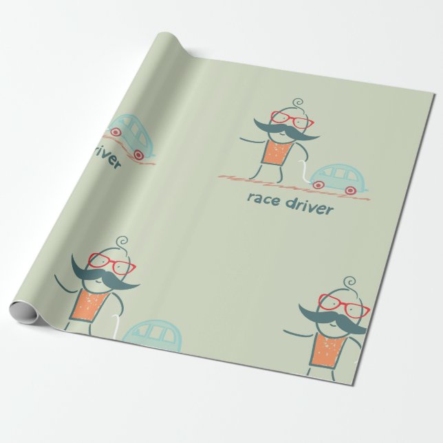 Funny Race Driver Mustache Character Wrapping Paper (Unrolled)