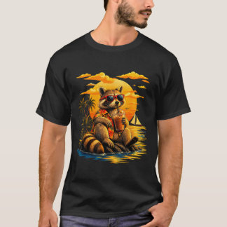 Funny racoon coffee sunglasses hawaiian sunset T-Shirt