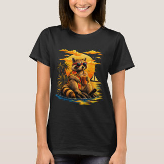 Funny racoon coffee sunglasses hawaiian sunset T-Shirt