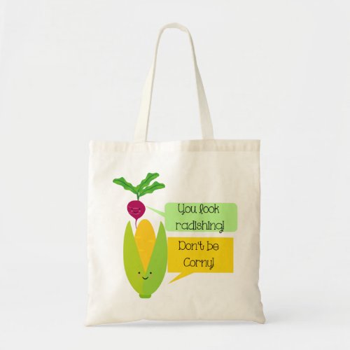 Funny Radish and Corn Vegetable Humor Tote Bag
