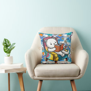 Funny Ragdoll Cat Reading a Book  Pattern Throw Pillow