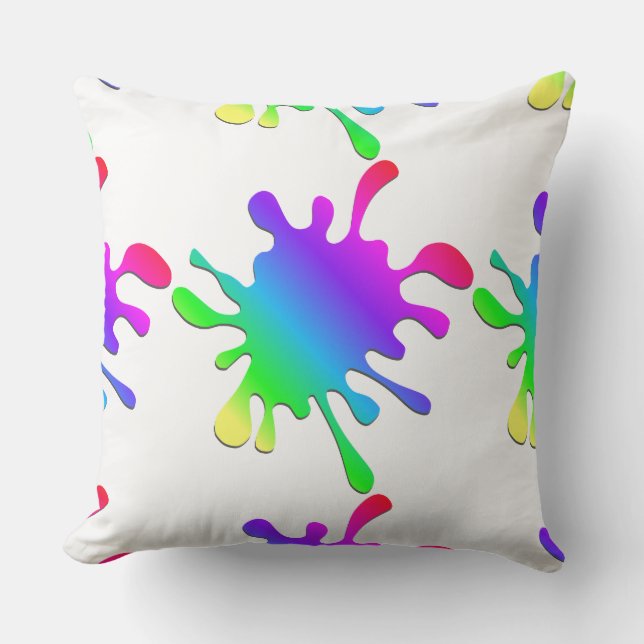 Funny Rainbow Paint Splatters White Outdoor Pillow (Front)