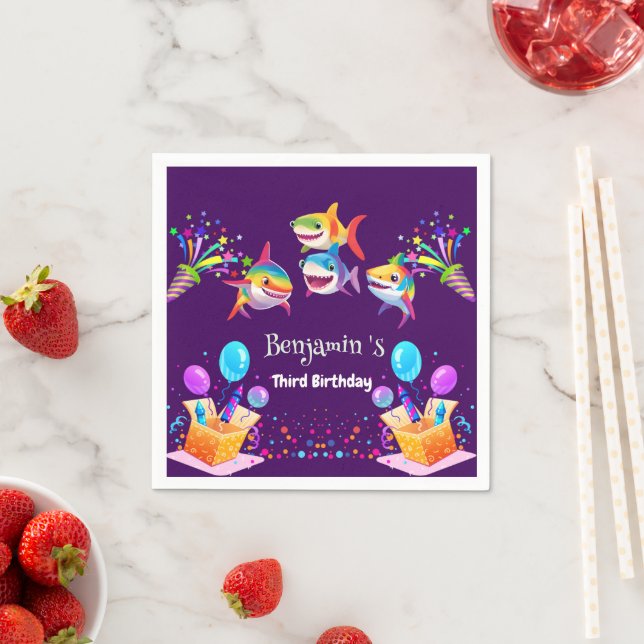 Funny rainbow shark birthday balloon party boys napkins (Insitu)