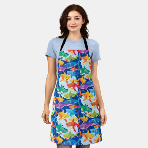 Funny rainbow shark birthday balloon party Family Apron