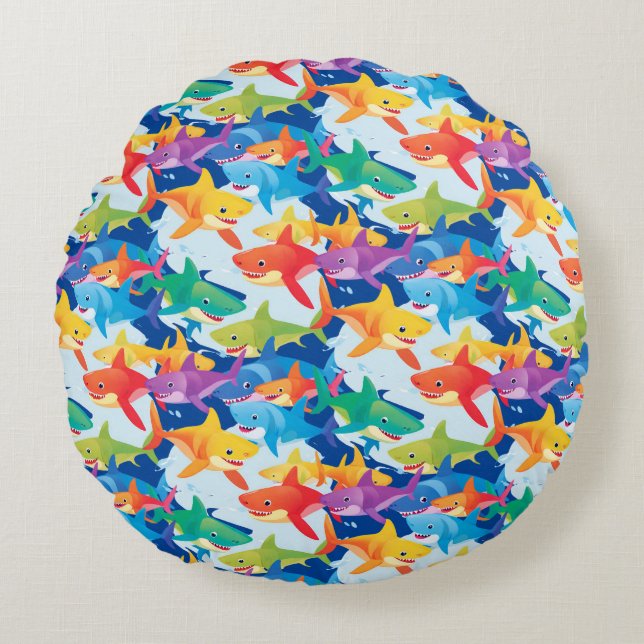 Funny rainbow shark birthday balloon party kids round pillow (Front)