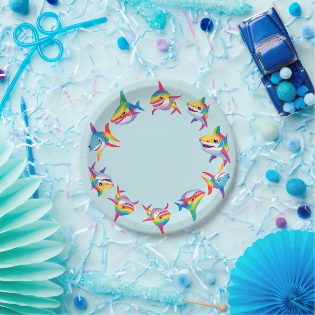 Funny rainbow shark birthday party Pattern Kids  Paper Plates (Party)