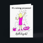 Funny Raining Prosecco Woman Birthday Card<br><div class="desc">Funny Cartoon of a woman standing in the rain catching Prosecco in her glass. She is wearing a pink dress and has tossed her umbrella and handbag aside. Caption reads 'It's raining prosecco' and 'Hallelujah'. Easily personalise this birthday card by editing the template text. Thank you for viewing my cartoon...</div>