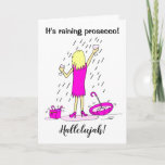 Funny Raining Prosecco Woman Birthday Card<br><div class="desc">Funny Cartoon of a woman standing in the rain catching Prosecco in her glass. She is wearing a pink dress and has tossed her umbrella and handbag aside. Caption reads 'It's raining prosecco' and 'Hallelujah'. Easily personalise this birthday card by editing the template text. Thank you for viewing my cartoon...</div>