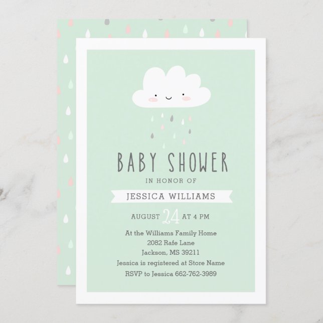 Funny Rainy Cloud Baby Shower Invitation in Mint (Front/Back)