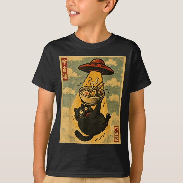 Funny Ramen Cat Japanese Anime Ufo Men Women Teens T-Shirt (Front)