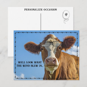 Funny Ranch Country Cow With Glasses Rustic Humor  Holiday Postcard