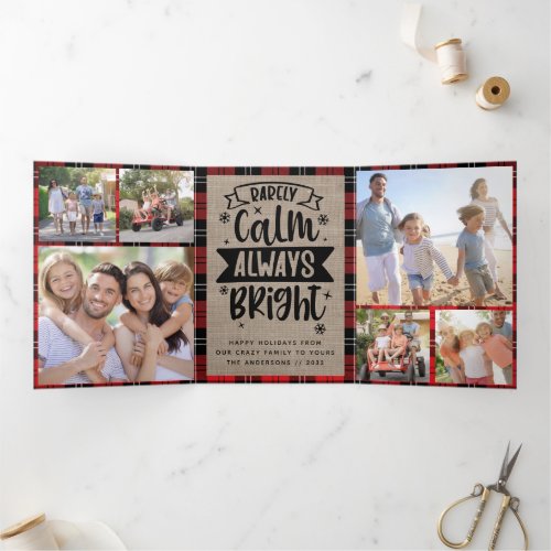 Funny Rarely Calm Always Bright Plaid Burlap Photo Tri_Fold Holiday Card