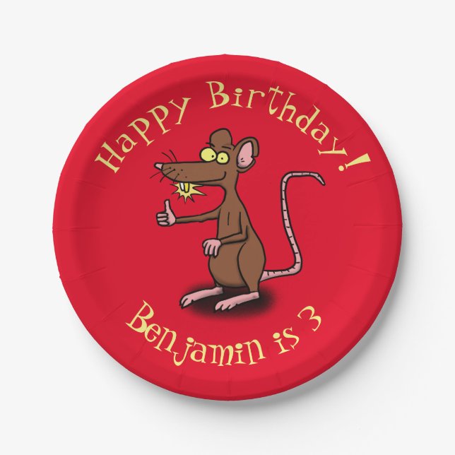 Funny rat thumbs up personalized cartoon birthday paper plates (Front)