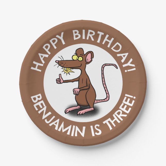 Funny rat thumbs up personalized cartoon birthday paper plates (Front)