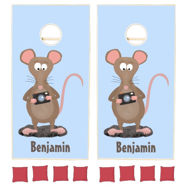 Funny rat with camera cartoon illustration cornhole set (Set)
