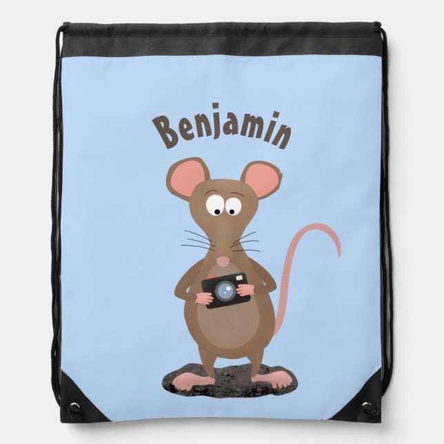 Funny rat with camera cartoon illustration drawstring bag (Front)