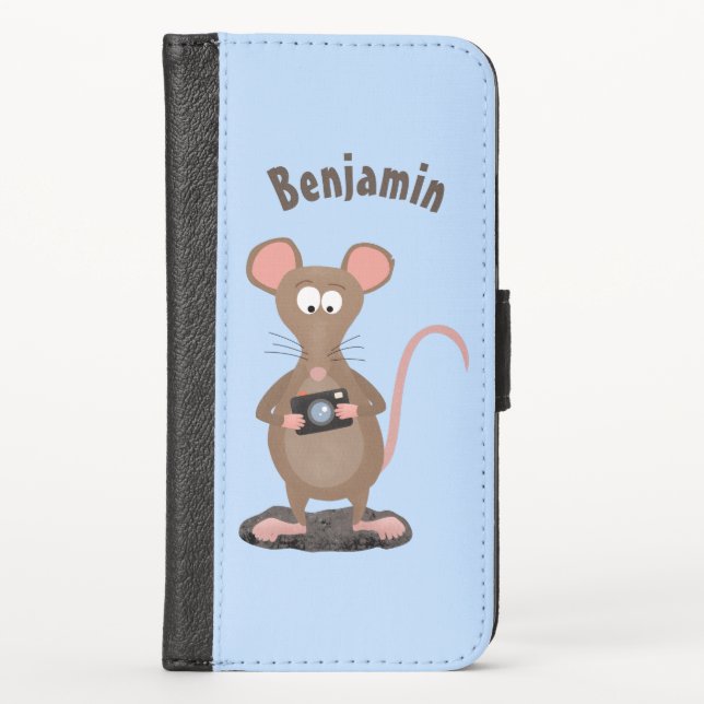 Funny rat with camera cartoon illustration iPhone wallet case (Front)