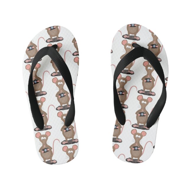 Funny rat with camera cartoon illustration kid's flip flops (Footbed)