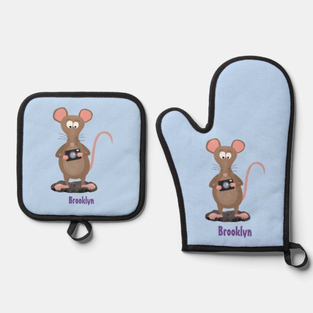 Funny rat with camera cartoon illustration oven mitt & pot holder set (Front)
