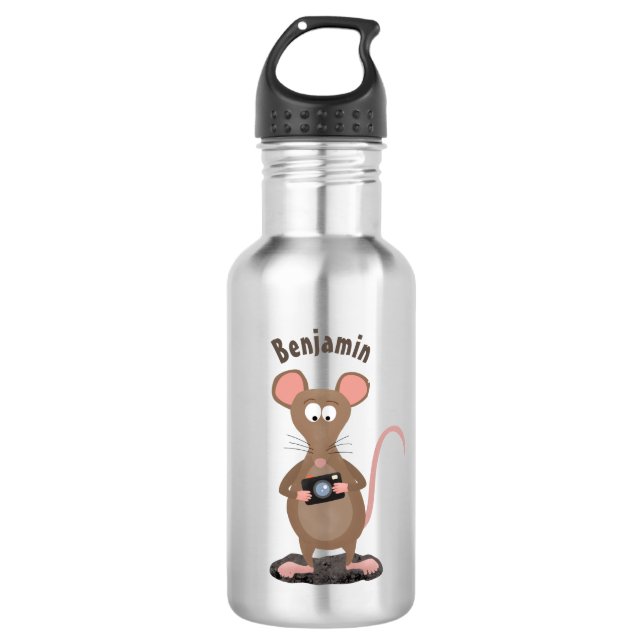 Funny rat with camera cartoon illustration stainless steel water bottle (Front)