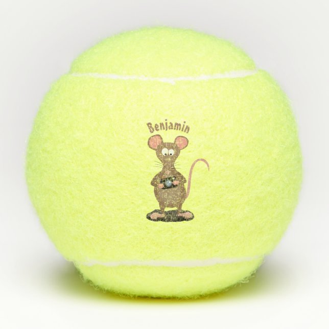 Funny rat with camera cartoon illustration tennis balls (Front)