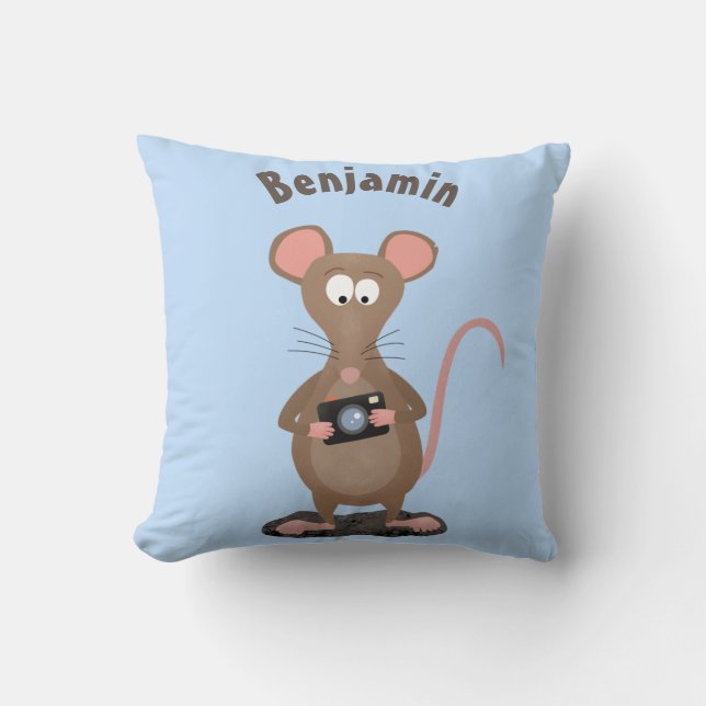 Funny rat with camera cartoon illustration throw pillow (Front)