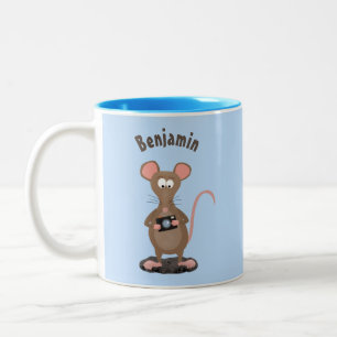 Funny rat with camera cartoon illustration Two-Tone coffee mug