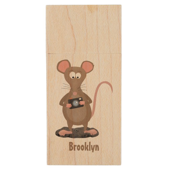 Funny rat with camera cartoon illustration wood flash drive (Front Vertical)