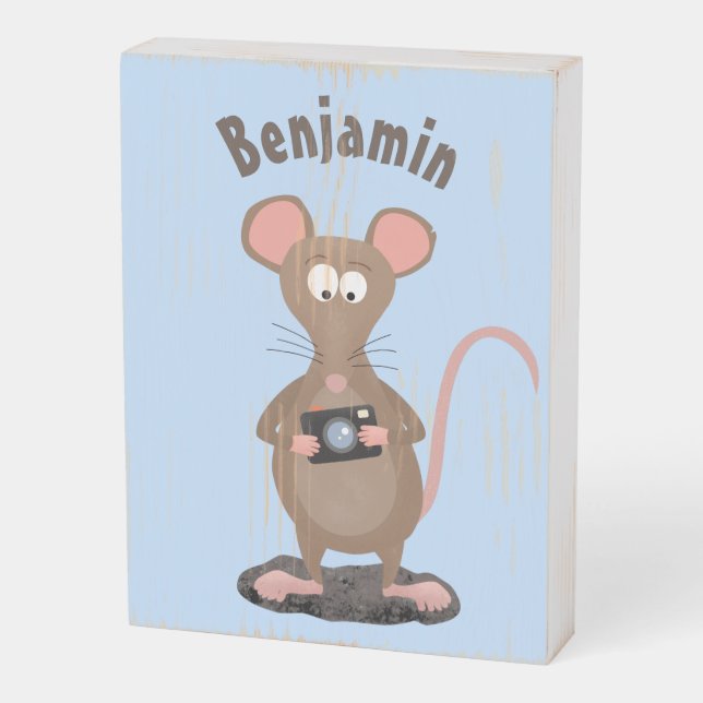 Funny rat with camera cartoon illustration wooden box sign (Angled Vertical)