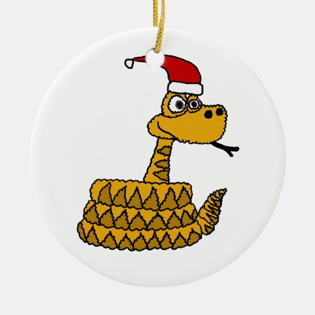 Funny Rattlesnake in Santa Hat Christmas Art Ceramic Ornament (Front)