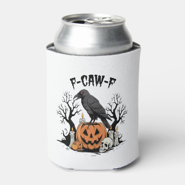 Funny Raven, F-Caw-F, Skull Raven, Gothic Crow Can Cooler (Can Front)