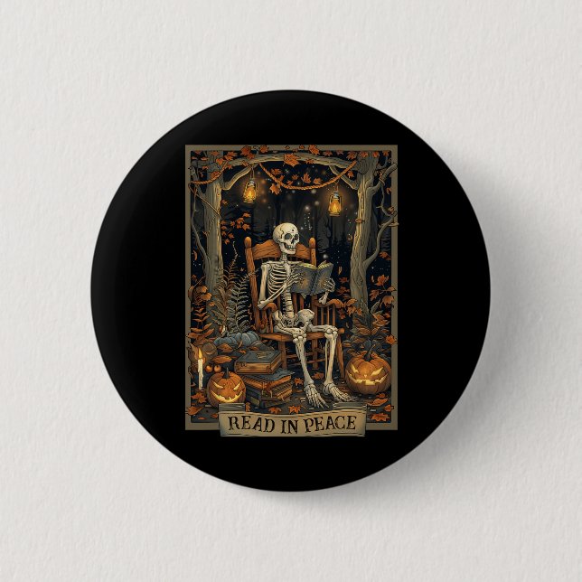 Funny Read In Peace Skeleton Halloween Read Nned B Button (Front)