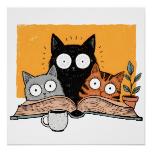 Funny Reading Cats Illustration Poster