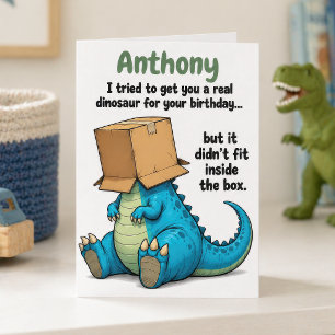 Funny Real Blue Dinosaur in Cardboard Box Birthday Card