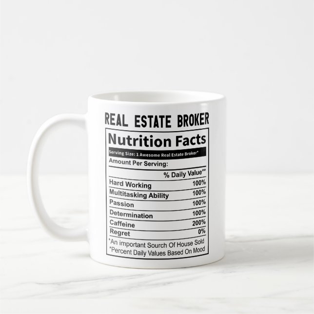 Funny Real Estate Broker Realtor Nutrition Facts Coffee Mug (Left)