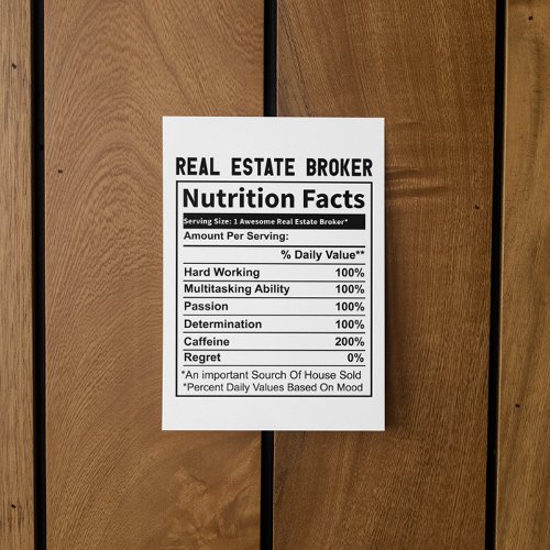 Funny Real Estate Broker Realtor Nutrition Facts Postcard