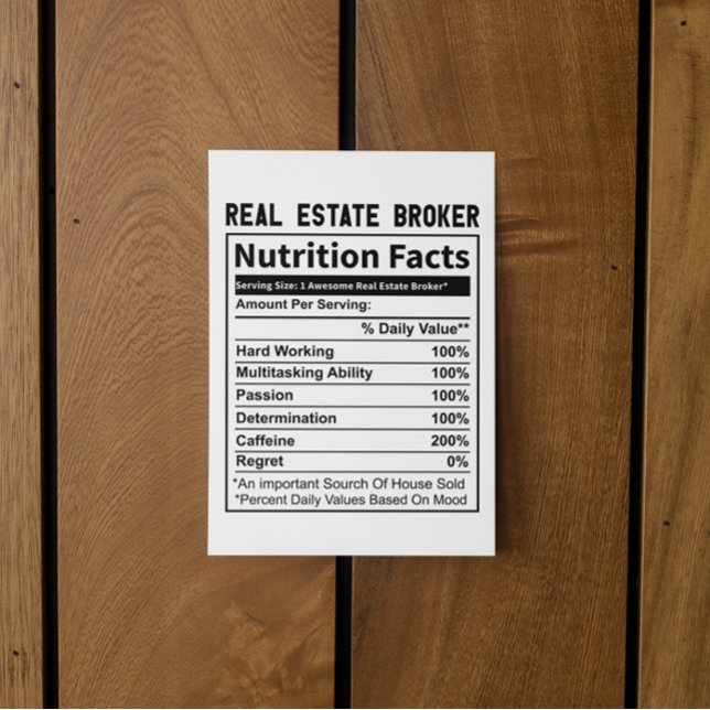 Funny Real Estate Broker Realtor Nutrition Facts Postcard (funny real estate broker postcard)