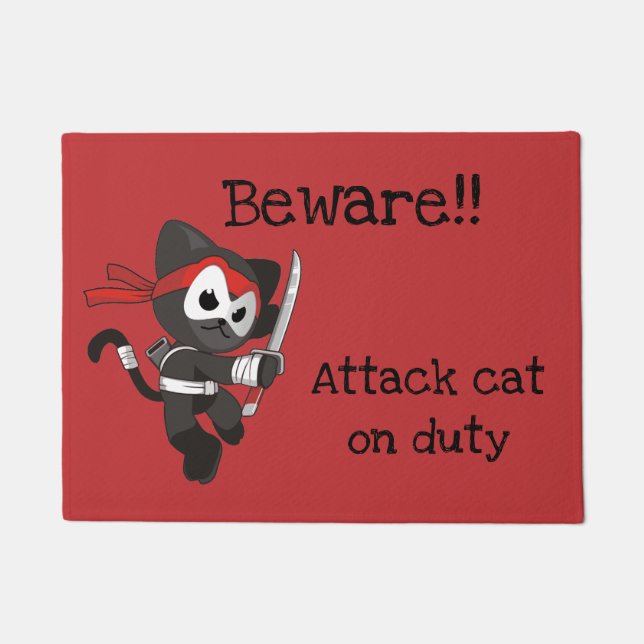 Funny Red and Black Attack Cat Doormat (Front)