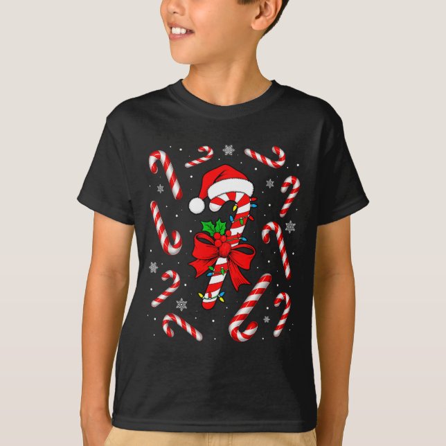 Funny Red And White Candy Cane Xmas Lights Santa C T-Shirt (Front)