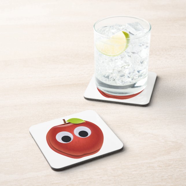 Funny Red Apple with Googly Eyes  Beverage Coaster (Right Side)