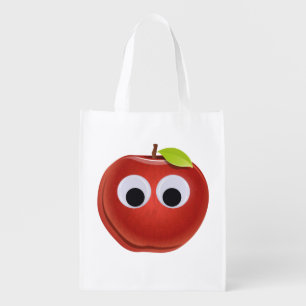 Funny Red Apple with Googly Eyes Grocery Bag