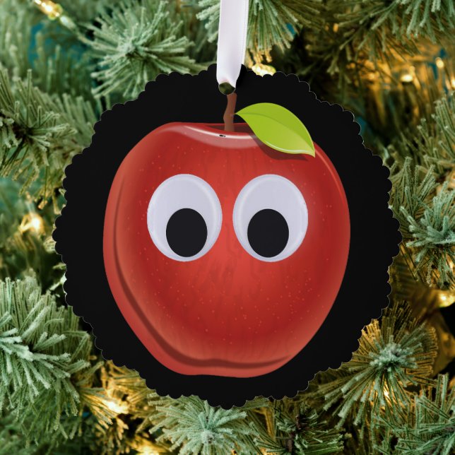 Funny Red Apple with Googly Eyes  Ornament Card (Insitu (Tree))