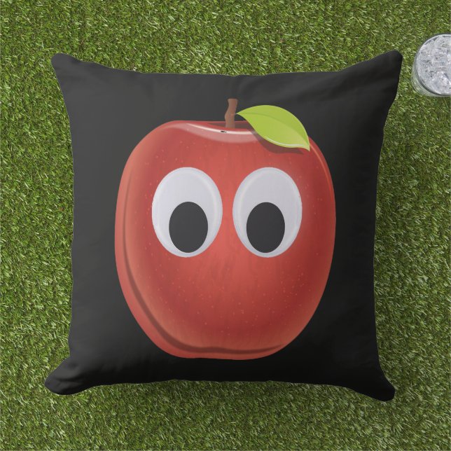 Funny Red Apple with Googly Eyes  Outdoor Pillow (Grass)