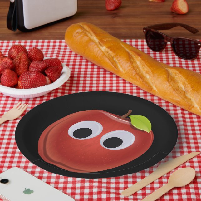Funny Red Apple with Googly Eyes Paper Plates (Picnic)
