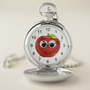 Funny Red Apple with Googly Eyes Pocket Watch