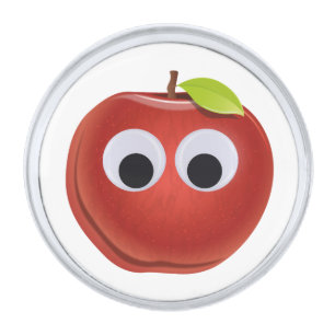 Funny Red Apple with Googly Eyes Silver Finish Lapel Pin
