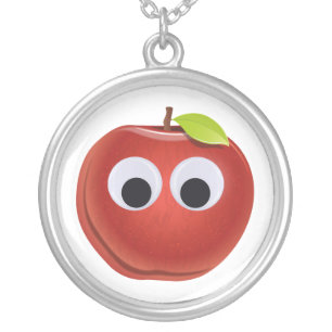 Funny Red Apple with Googly Eyes Silver Plated Necklace