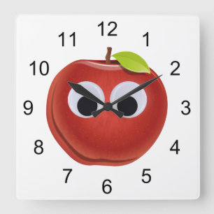 Funny Red Apple with Googly Eyes Square Wall Clock