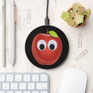 Funny Red Apple with Googly Eyes Wireless Charger