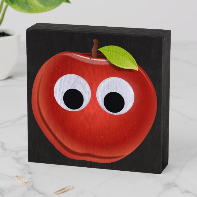 Funny Red Apple with Googly Eyes  Wooden Box Sign (In Situ Horizontal)